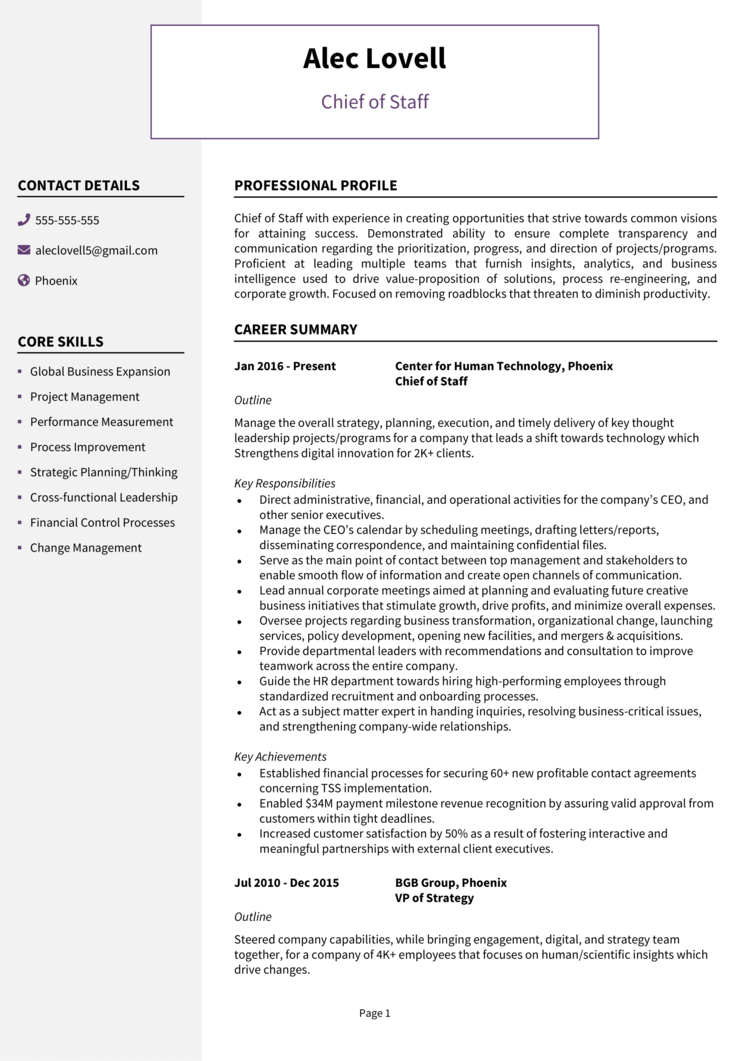 Chief of Staff resume example   guide Get a top job