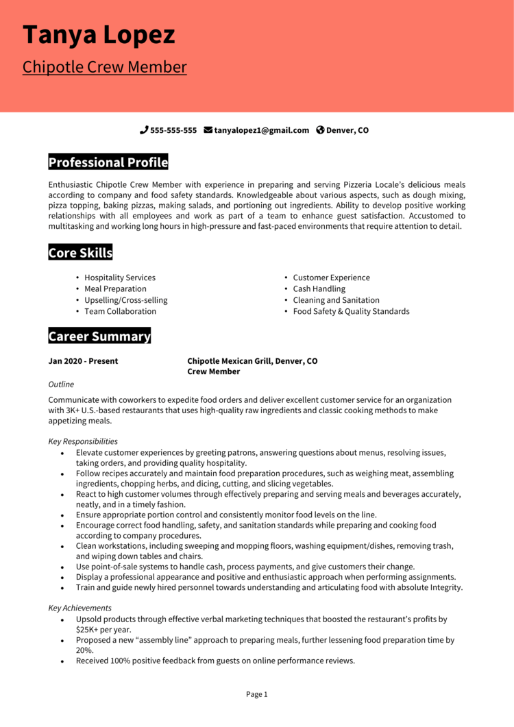 service manager chipotle resume