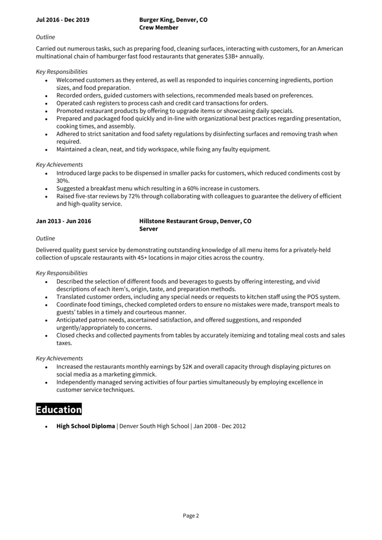 service manager chipotle resume