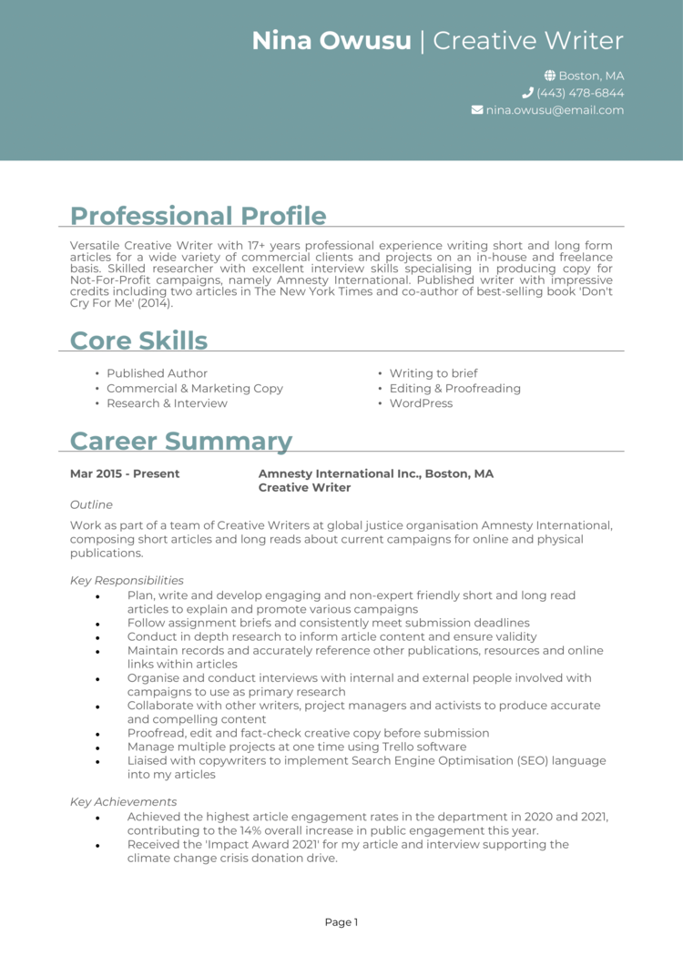 creative writing graduate cv