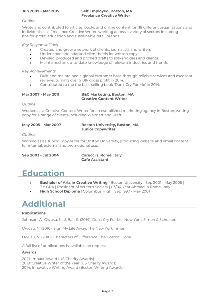 creative writing graduate cv