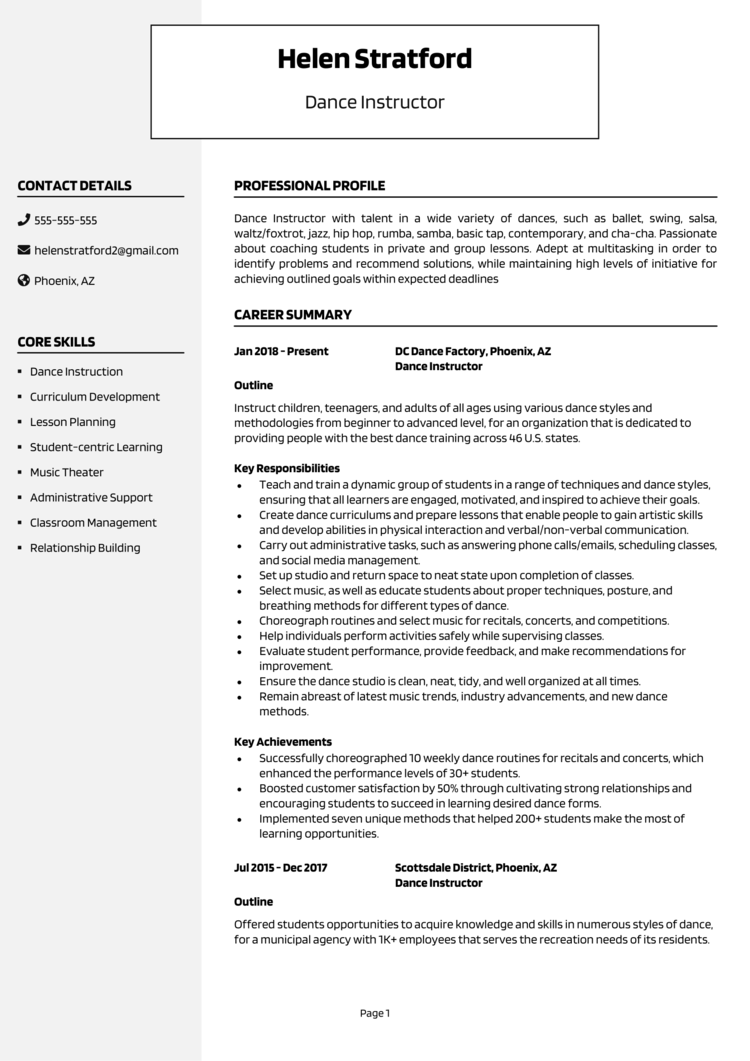 resume format for instructor