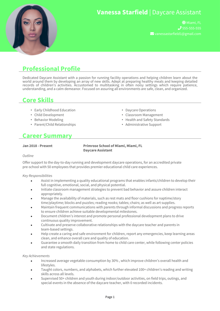 Daycare Assistant Resume 1