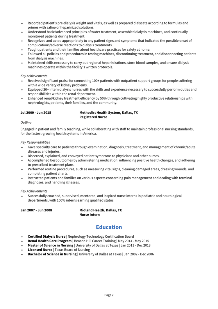 sample resume dialysis nurse