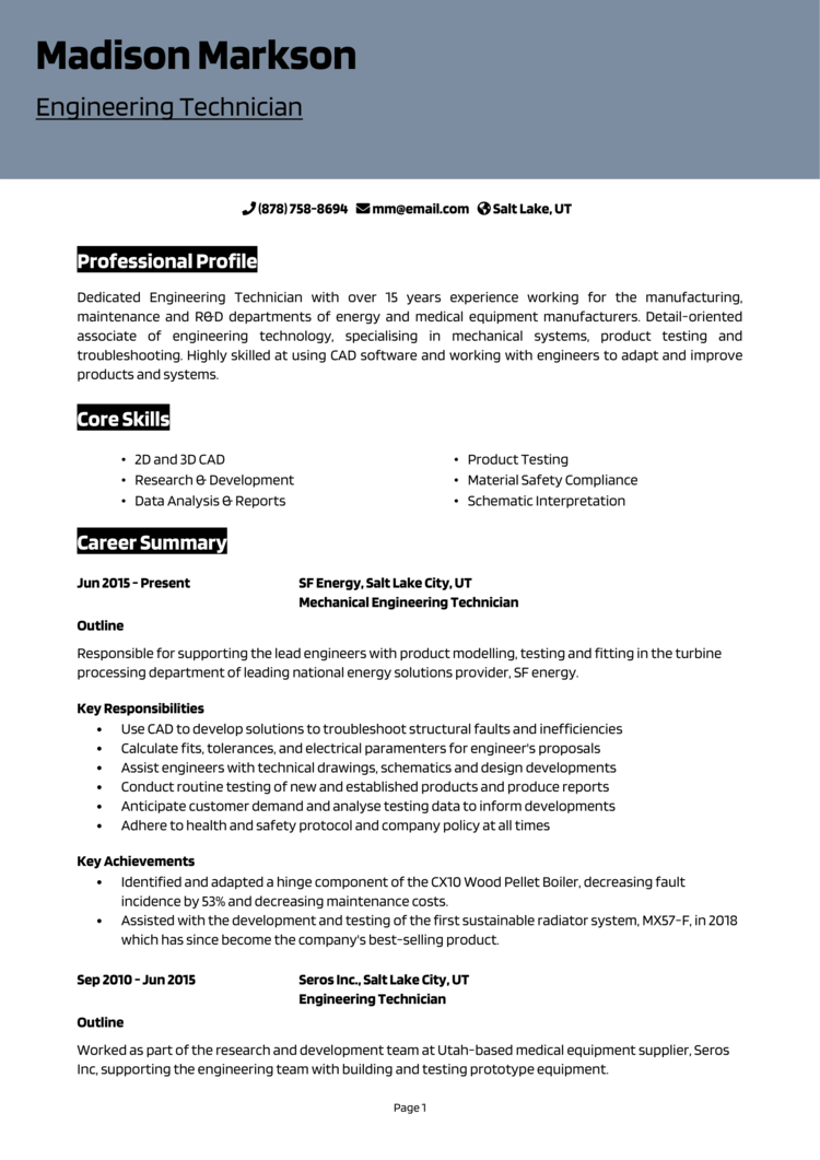 Engineering Technician Resume 1