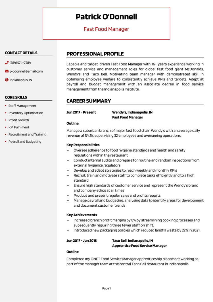 resume examples for fast food restaurant manager