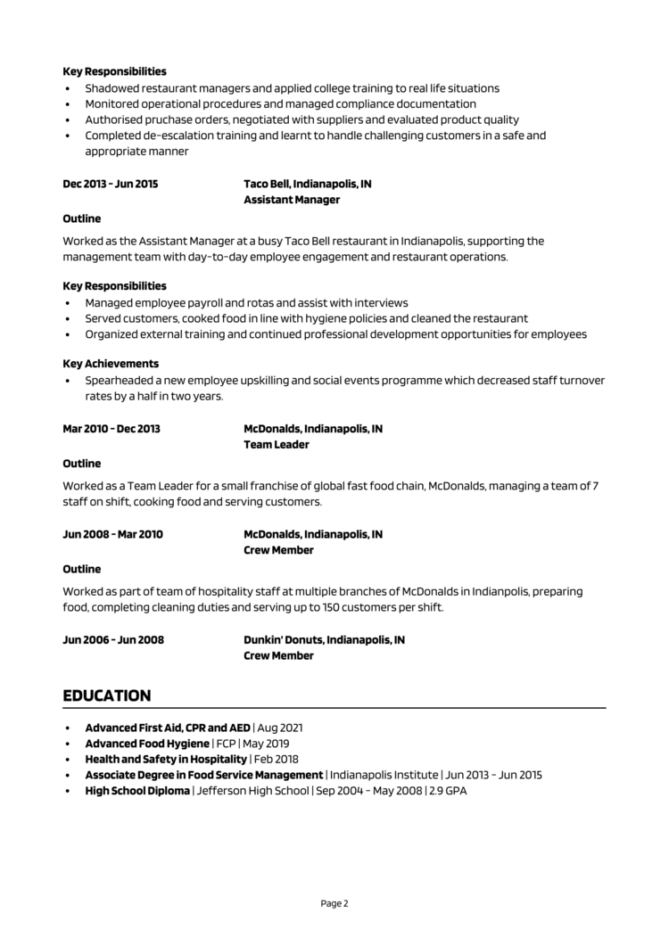 Fast Food Manager Resume 2