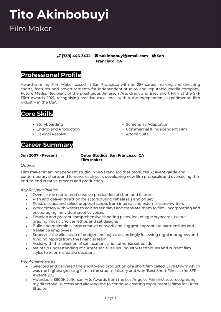 Filmmaker resume example + guide and template