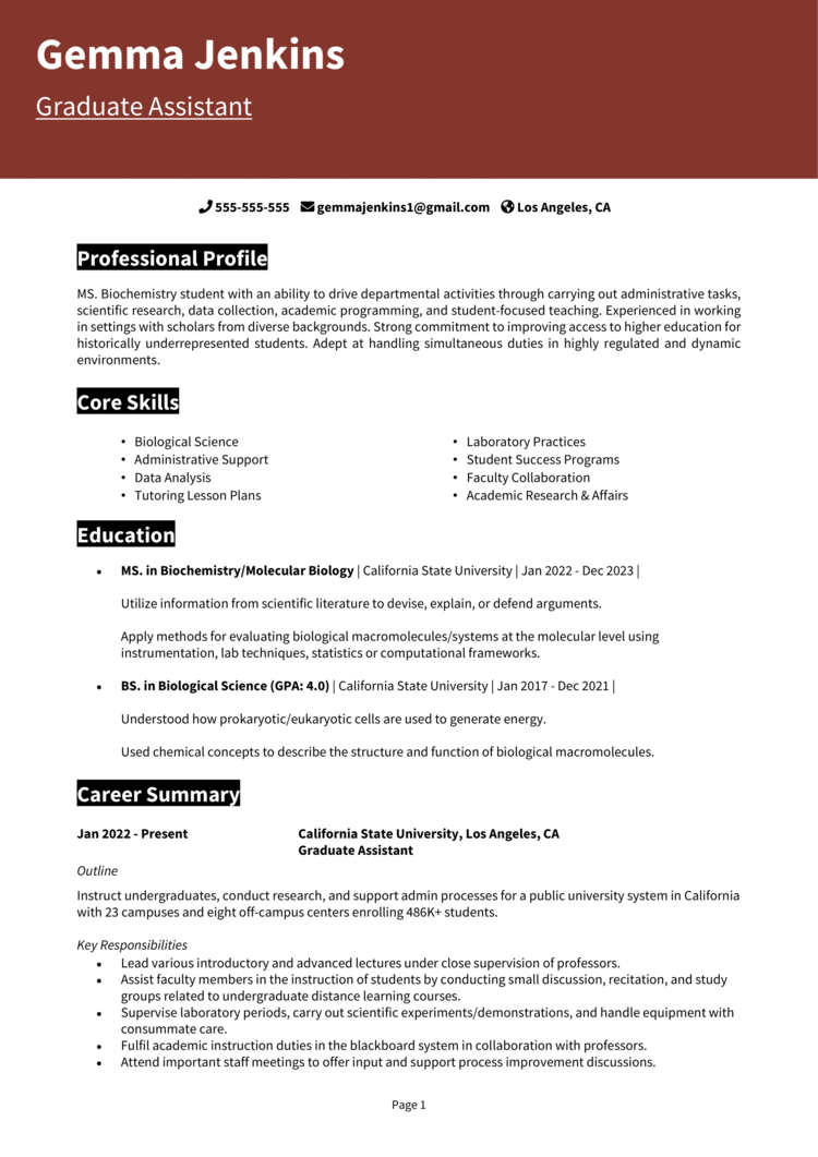 Graduate Assistant Resume 1