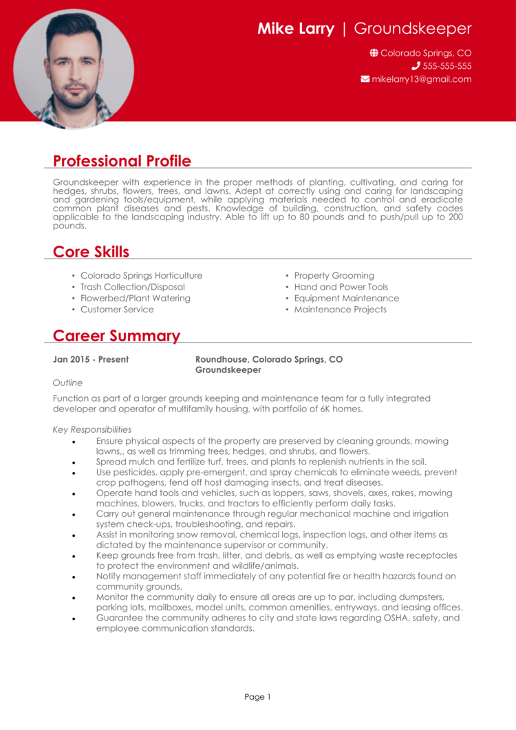 Groundskeeper Resume 1