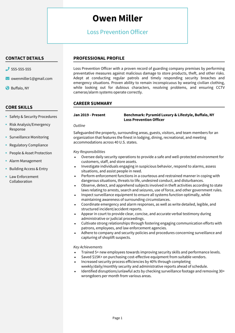 Loss Prevention Officer Resume Example Secure Top Jobs   Loss Prevention Resume 1 