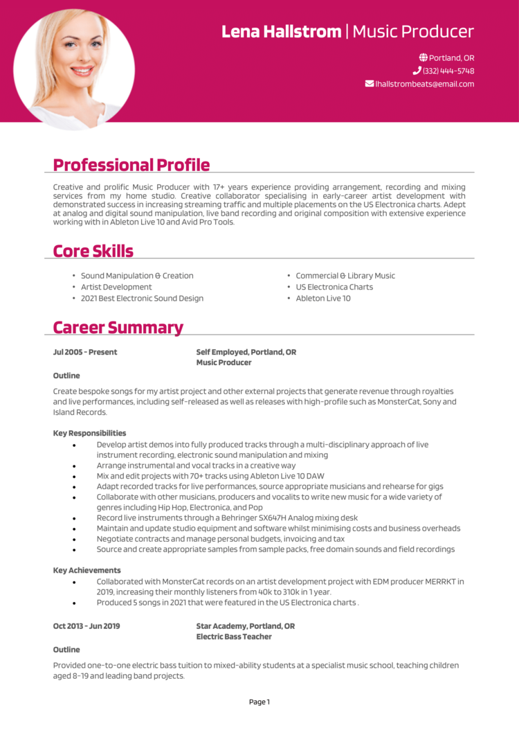 Music Producer Resume Example Guide And Template   Music Producer Resume 1 