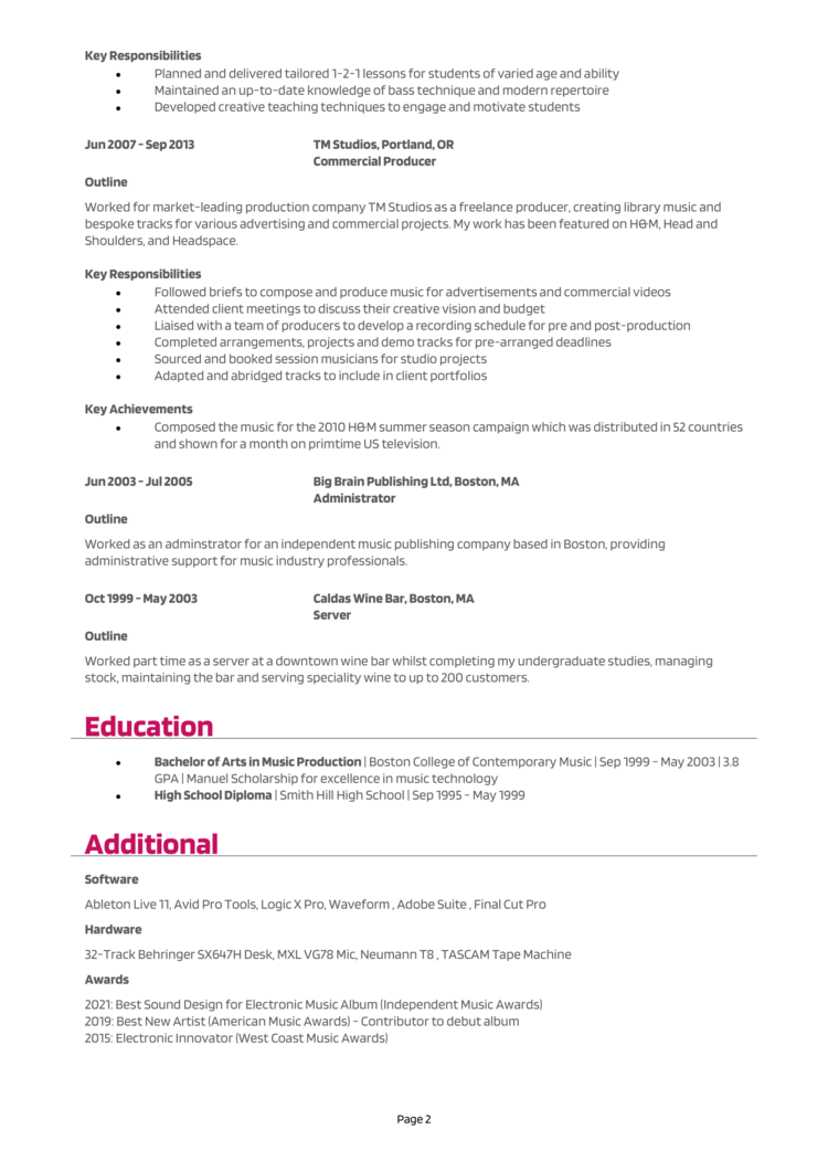 Music Producer Resume Example Guide And Template   Music Producer Resume 2 