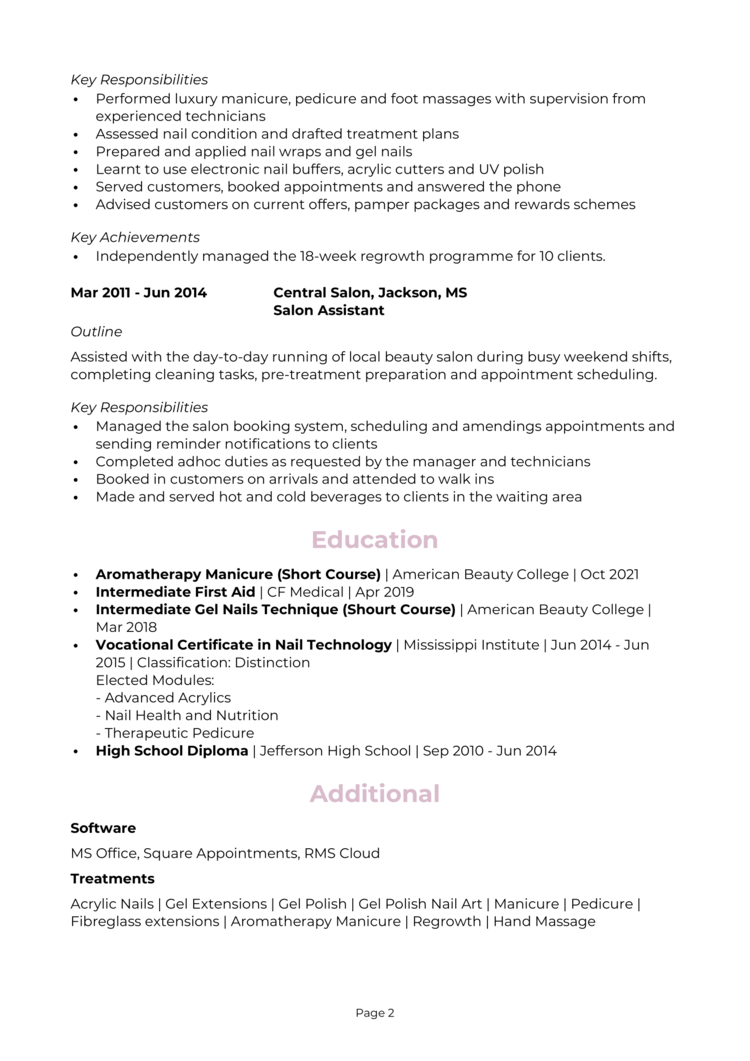 Job Description For Nail Technician For Resume My Bios
