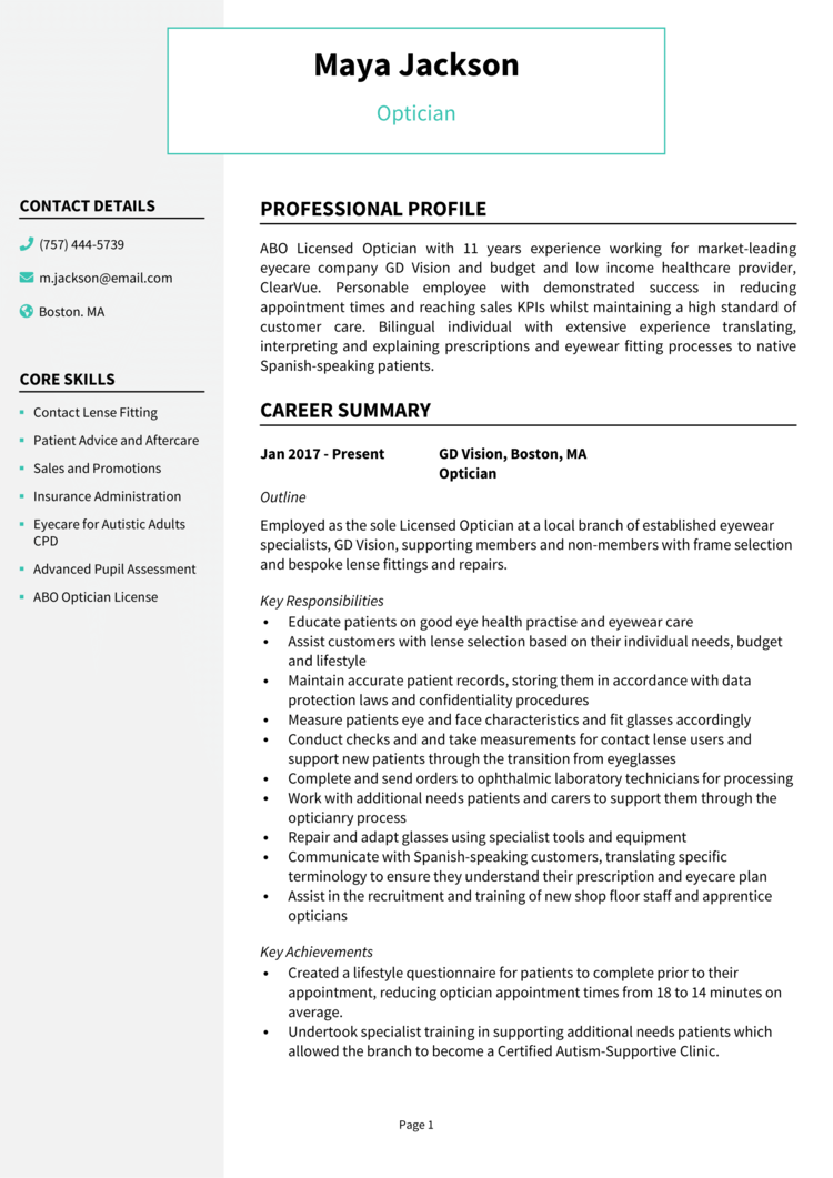 Optician Resume Example And Guide [get Hired Quick]