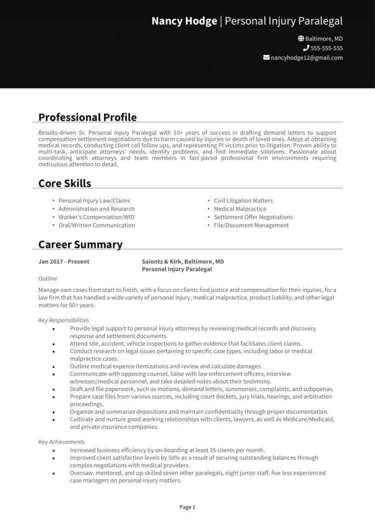 Personal Injury Paralegal Resume Example Guide Get Jobs   Personal Injury Paralegal Resume 1 