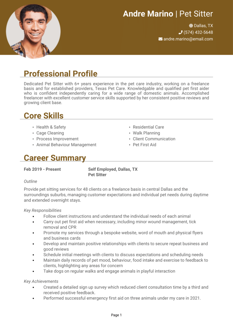 Pet Sitter resume example + guide [Get job interviews]