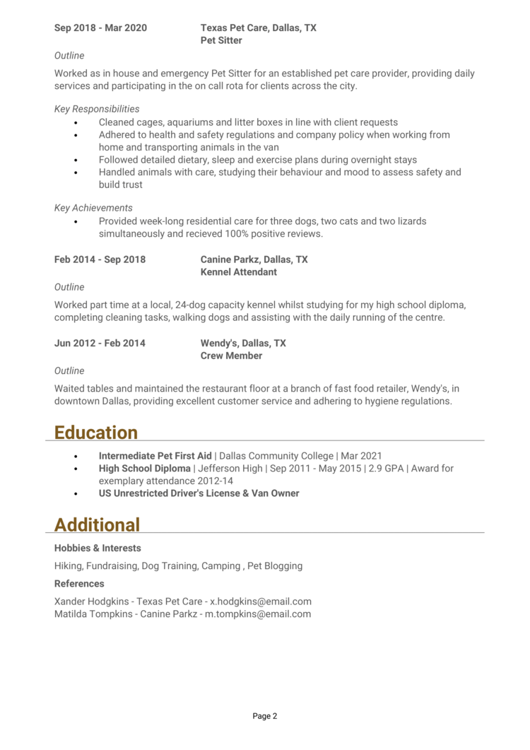 Pet Sitter Resume 2