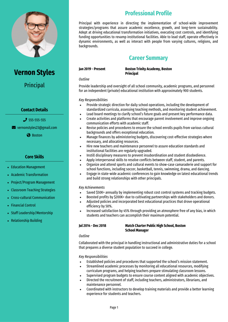 resume format for school principal in india