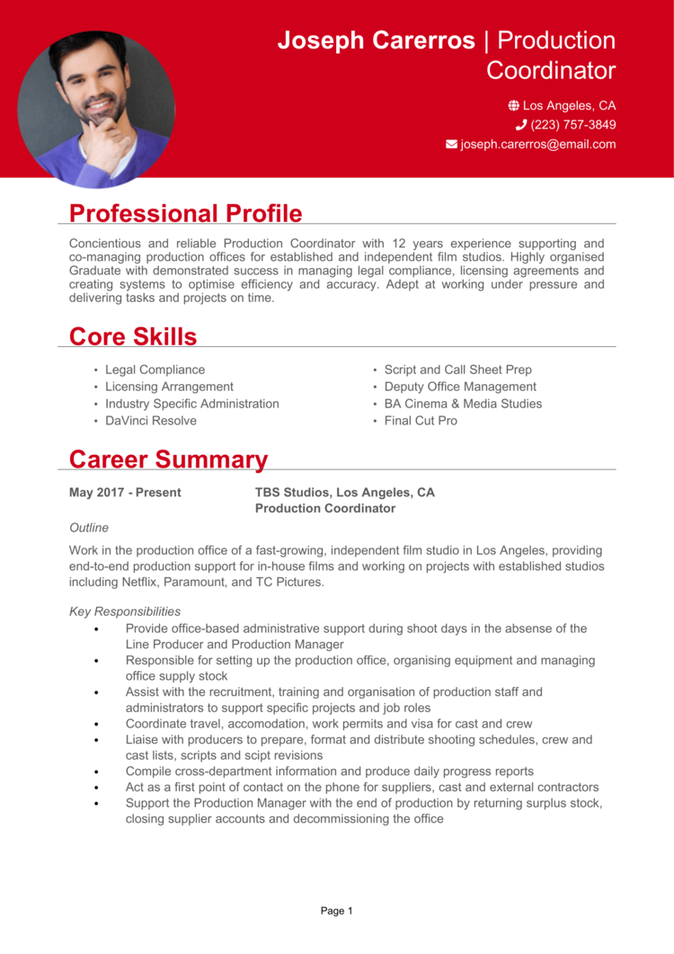 Production Coordinator Resume 1