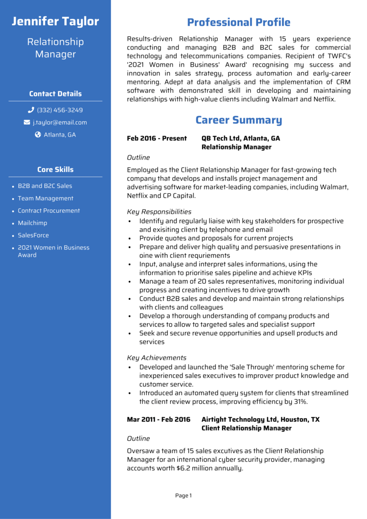 sample resume business banking relationship manager