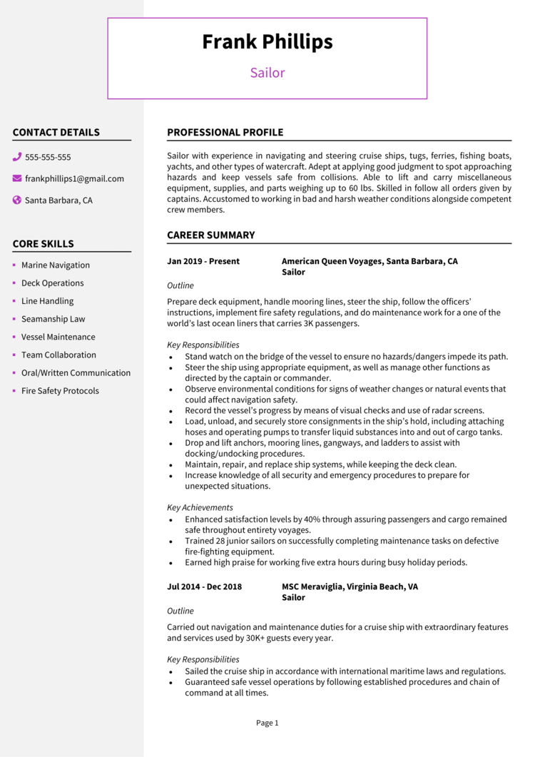 Sailing resume example + guide [Get job interviews]