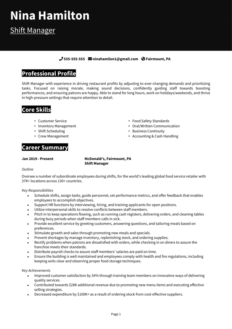 fast food shift manager job description for resume