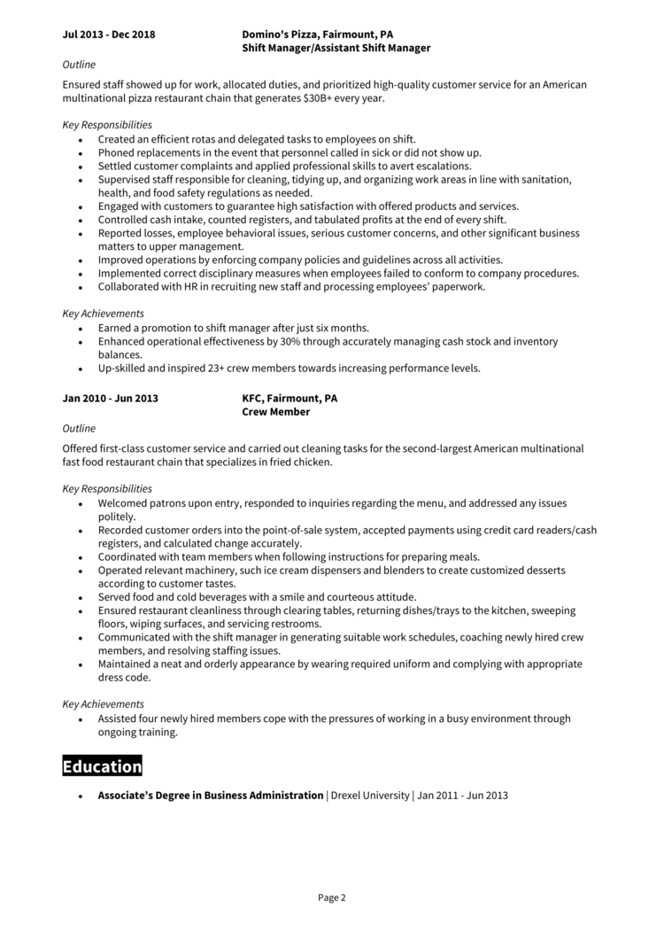 Shift Manager Resume 2