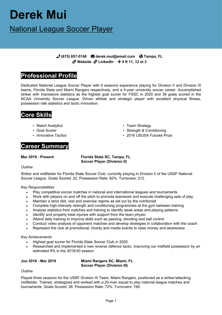 Soccer player resume example & guide [Get hired quick]