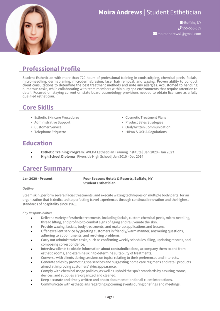 Student Esthetician Resume 1