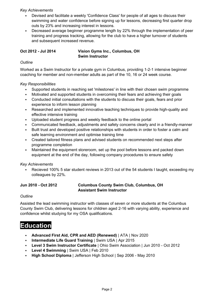 Professional Summary For Resume Swim Instructor