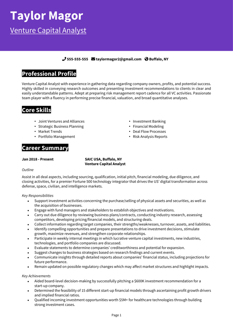 Venture Capital resume example + guide [Get the best jobs]