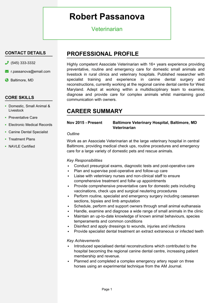 veterinary resume examples