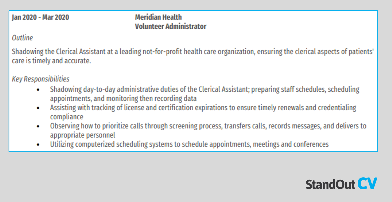 Admin shadowing resume example