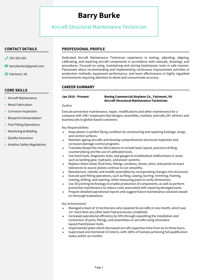 Aircraft Structural Maintenance Technician Resume Example