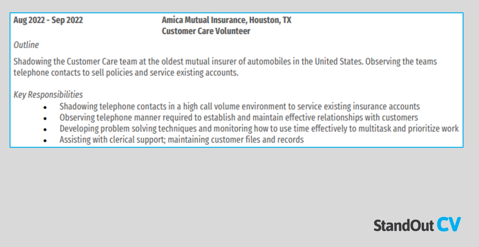 Customer service shadowing resume example