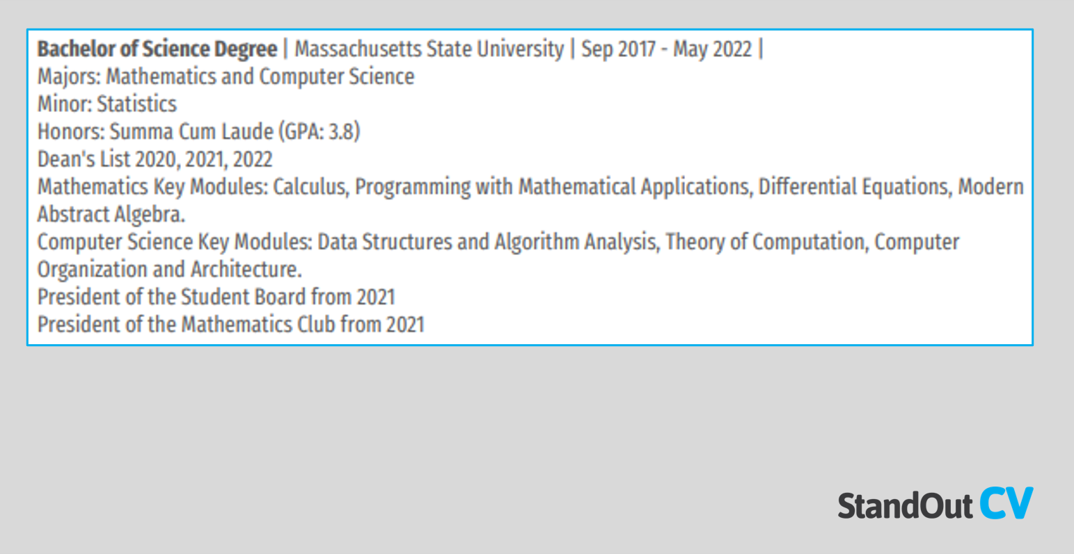 how to write dual degree on resume