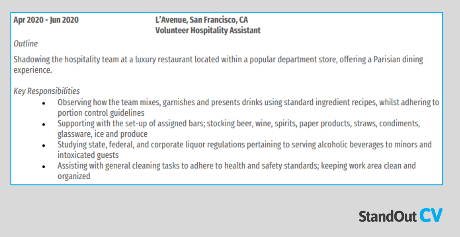 Hospitality shadowing resume example