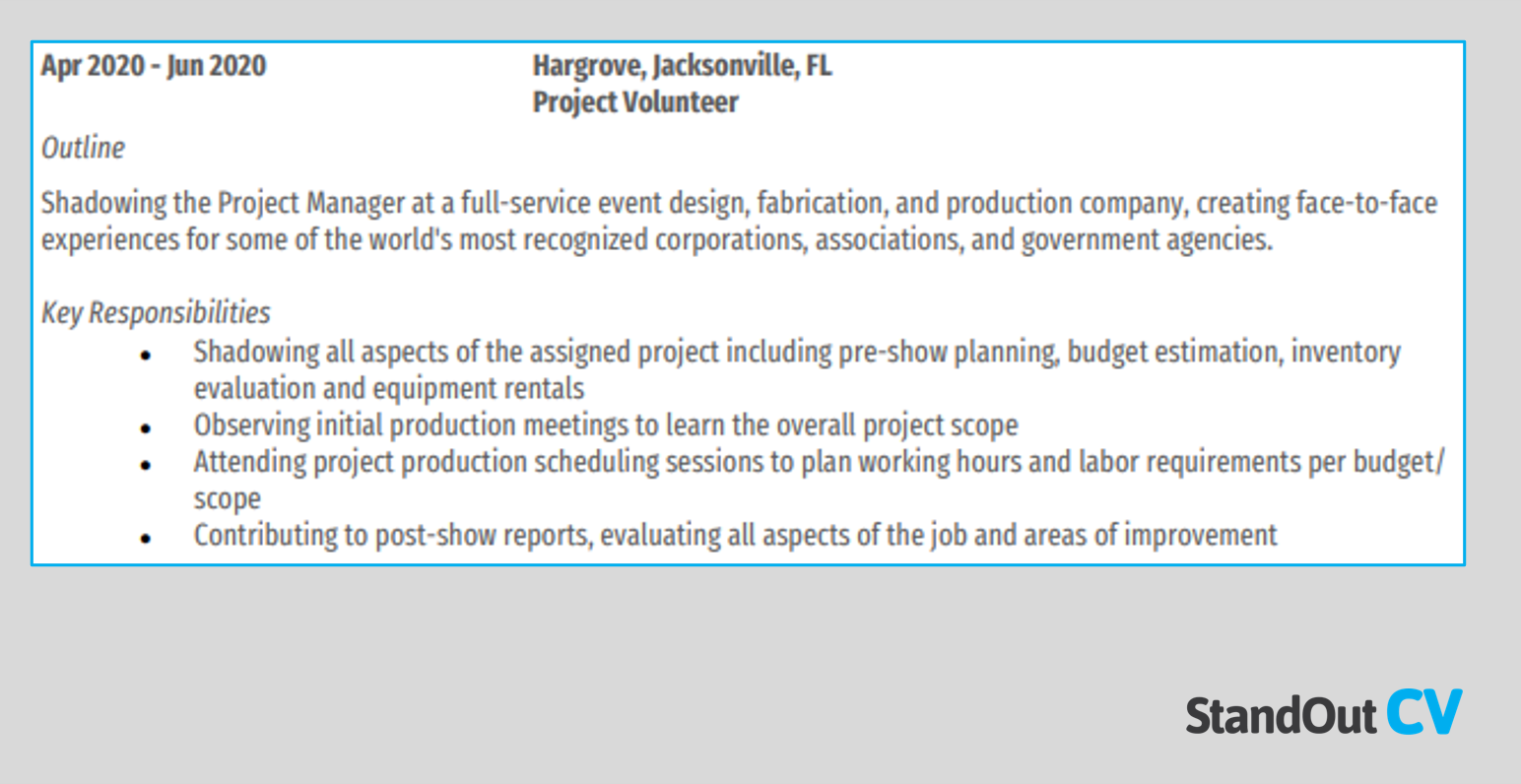 Project management shadowing resume example