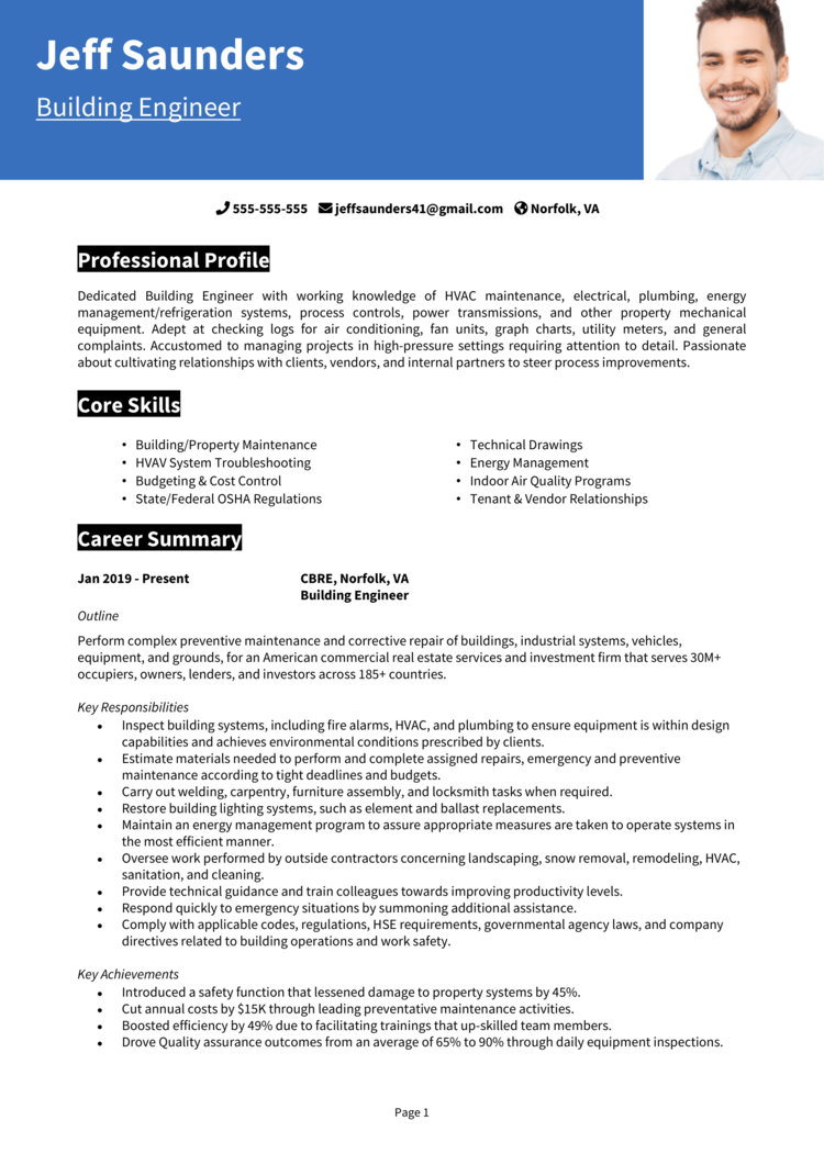 Building Engineer Resume 1