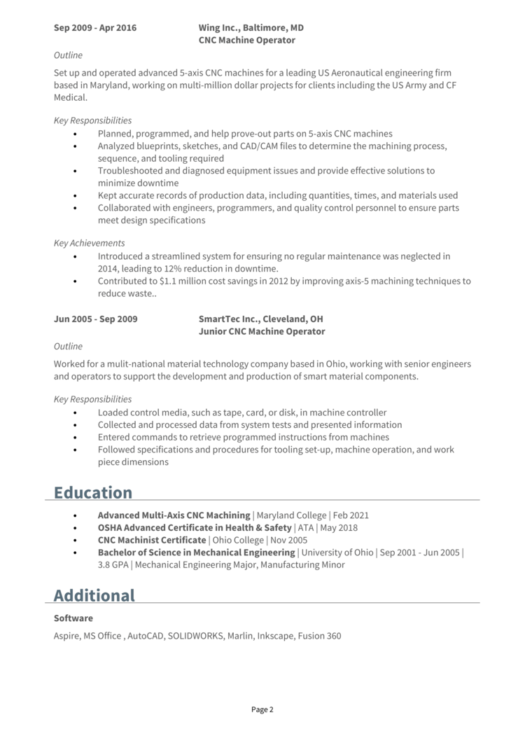 CNC Machine Operator Resume 2