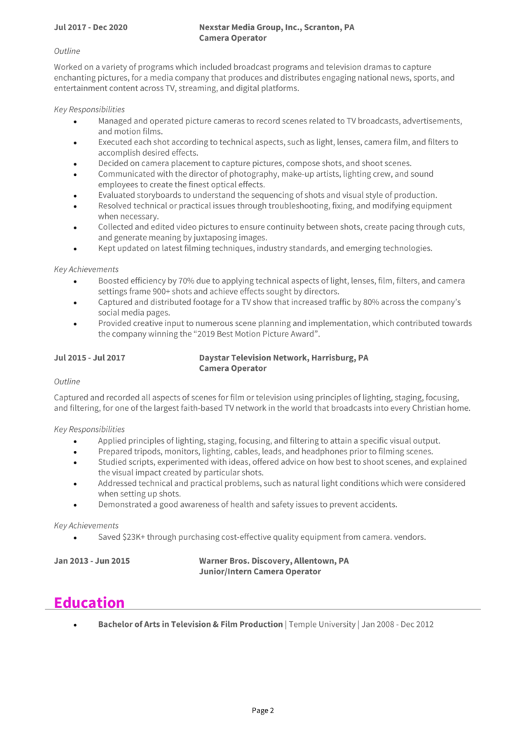 Camera Operator resume example + guide [Secure interviews]