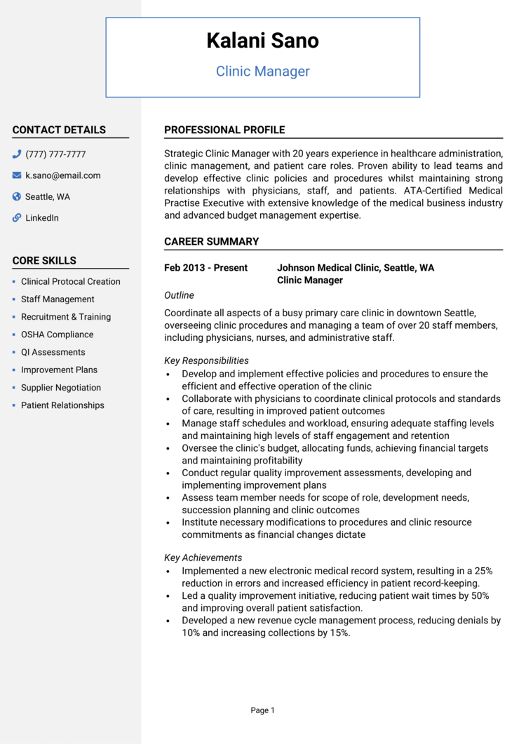 Clinic Manager resume example + guide [Get hired fast]