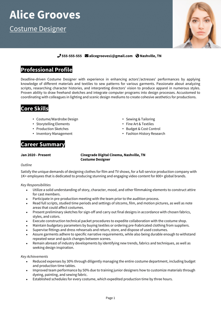 Costume Designer Resume 1