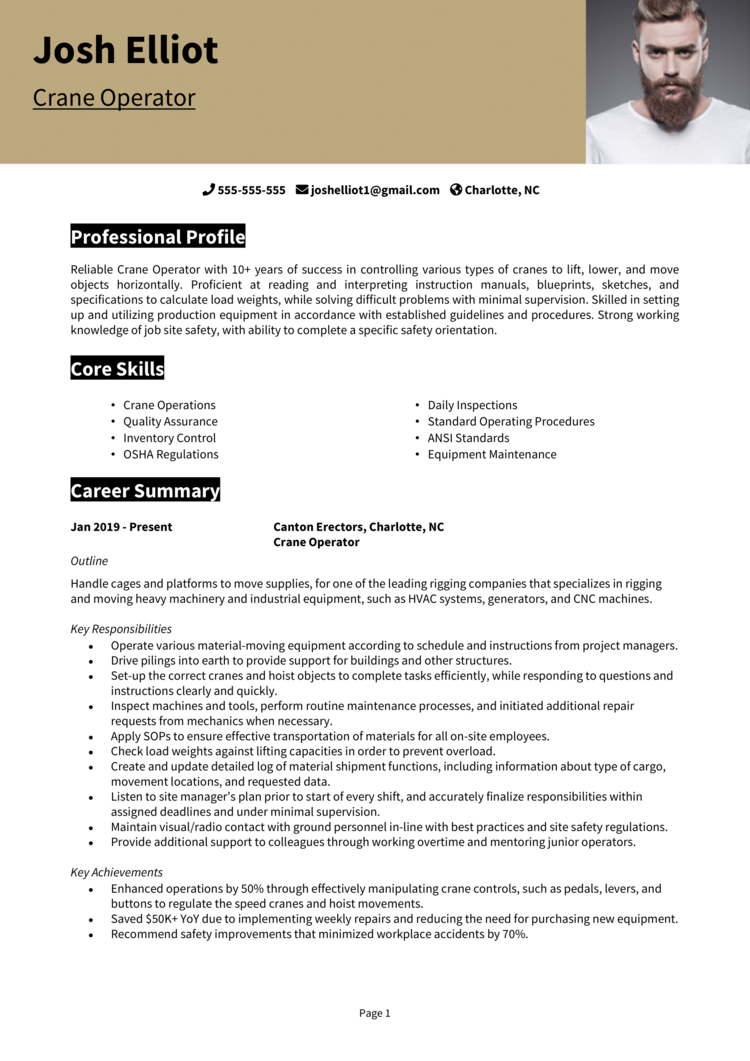 Crane Operator resume example + guide [Land job interviews]