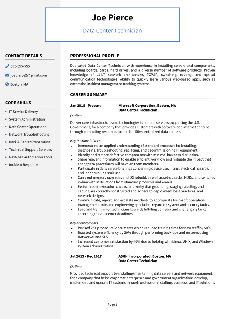 Data Center Technician Resume 1