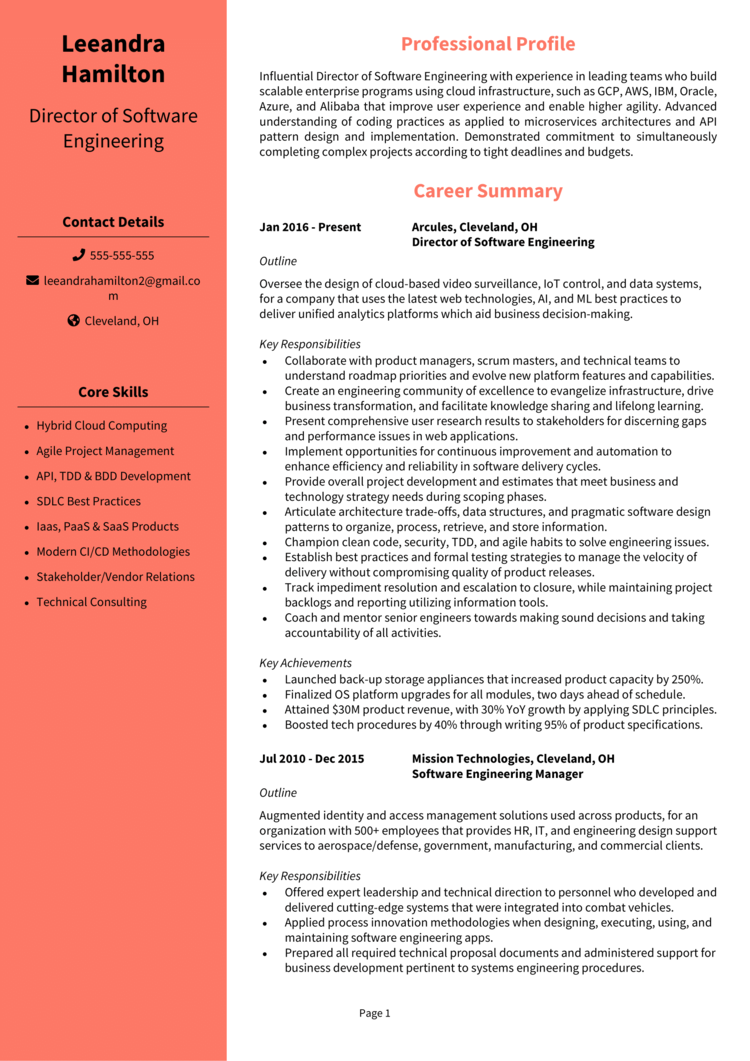 Director of Software Engineering Resume 1