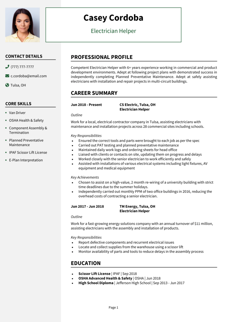 Electrician Helper Resume Example Guide Land Interviews   Electrician Helper Resume 1 