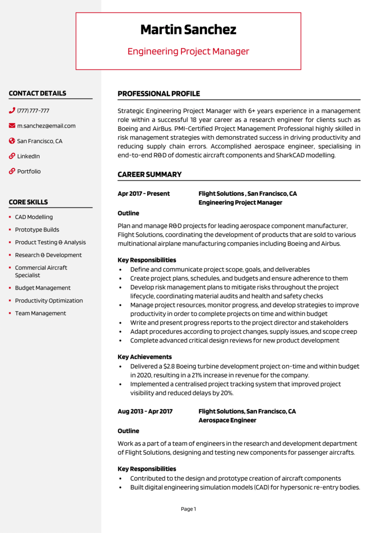 engineering project management resume