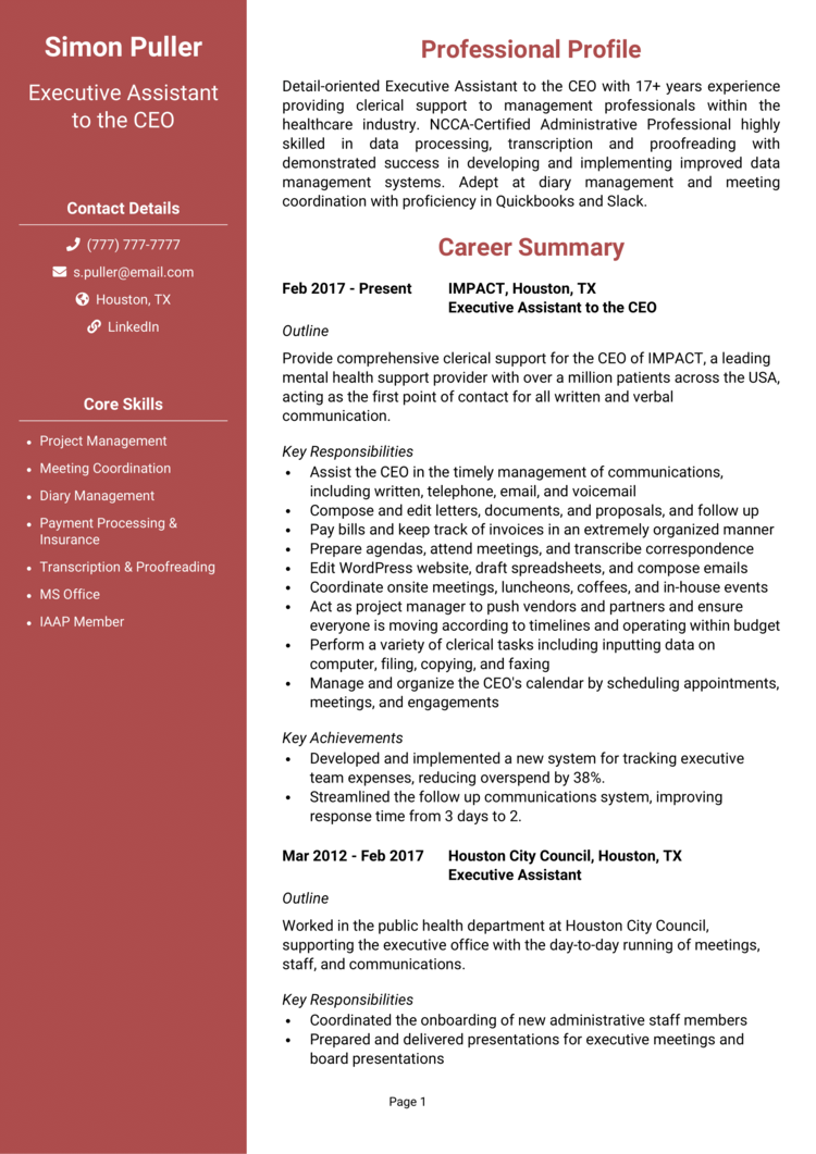 sample resume executive assistant to ceo